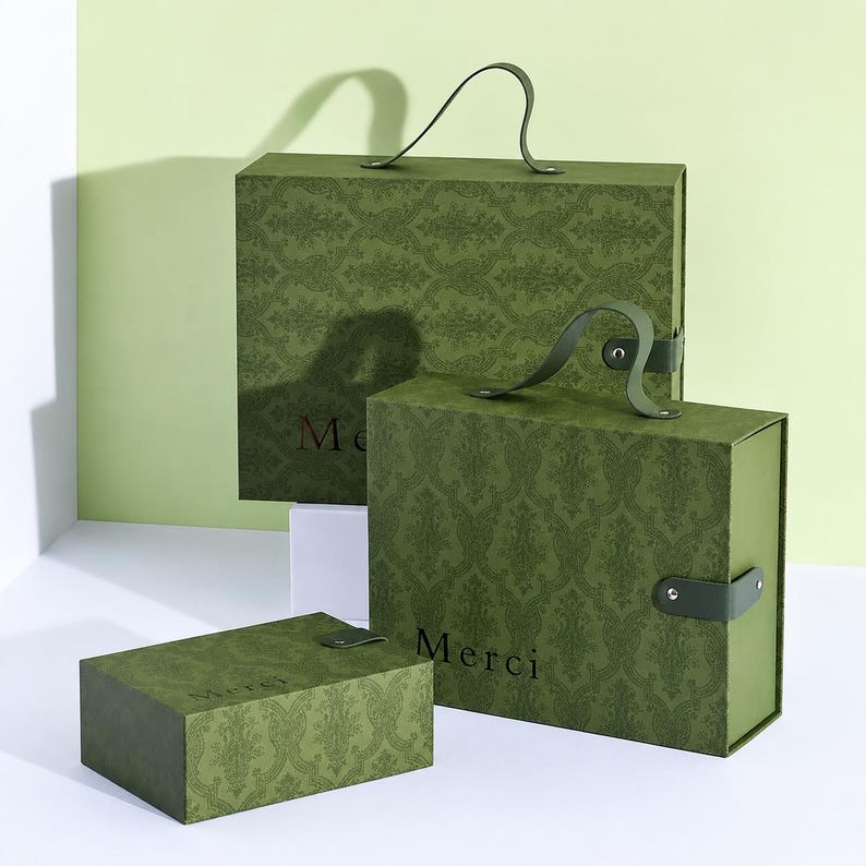 May include: Three rectangular olive green gift boxes with a dark green damask pattern. Each box features the word Merci printed in a dark font. The two larger boxes have matching green handles and side closures, while the smallest box is flat.