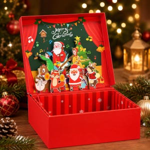 Op de afbeelding: Een rode geschenkdoos met een pop-up interieur met een feestelijke scène van de Kerstman en bosdieren die muziekinstrumenten bespelen. De achtergrond toont rode gordijnen, een kerstboom en de tekst Merry Christmas in wit schrift.