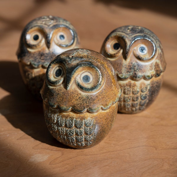 Mid Century Ceramic Salt and Pepper Shakers Set of Three Owls Two