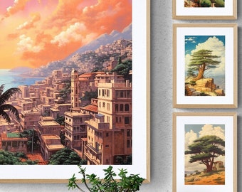 Landscape of Lebanon, Cedar Tree of Lebanon, Lebanese Art Set of 4 Vintage Art, Retro Art, Printable Design, Digital Art Piece, Middle East