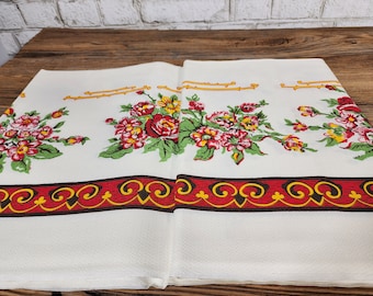 Vintage Tablecloth, Yellow and Red Rose Floral Print, Roses, Flowers, Mid Century Very Hollywood Regency, Rectangular Cotton Table Linen