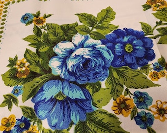 Vintage 1960s - 1970s Blue Floral Tablecloth with decorative border. New in bag never used.
