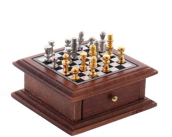 Dollhouse Miniature Chess Board Storage Box Set Mini Wooden Checkerboard Furniture Doll House Accessories Toys, christmas gift chess set