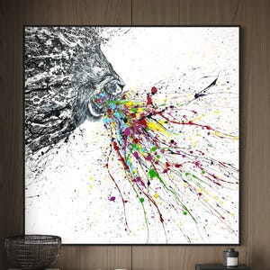 Lion of Judah Canvas Art, Roaring Lion on Canvas, Jewish Wall Decor, Kabbalah Inspired Splatter Painting, Spiritual Israeli Wall Art Gift