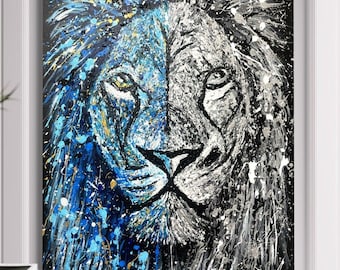 ライオンの絵画 動物 オリジナルアート キャンバスに油彩