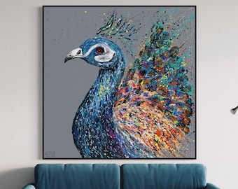 Colorful Peacock Wall Art, Abstract Bird Canvas Print, Blue Peacock Painting, Modern Animal Decor, Wildlife Artwork Gift
