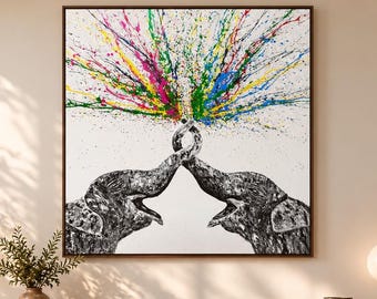 Cuadro en lienzo con dos trompas de elefante en forma de corazón, pintura con salpicaduras de arcoíris, decoración romántica de la vida salvaje.