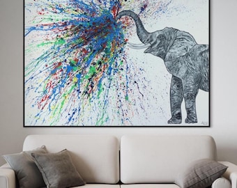 Elephant Canvas Wall Art, Color Splash Elephant, Abstract Elephant Painting, Modern Elephant Decor, Splatter Animal Art Print, African Decor