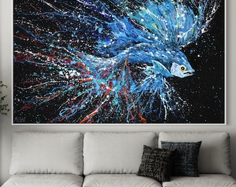 Betta Fish Canvas Art, Turbulent Blue Water Splatter Painting