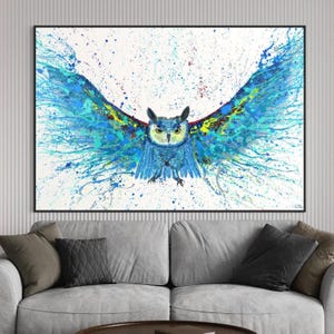 Owl Canvas Wall Art, Blue Owl Painting, Abstract Owl Art, Flying Owl Decor, Splatter Bird Art, Modern Animal Wall Decor, Statement Wall Art