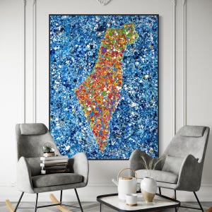 Abstract Israel Map Canvas Art, Colorful Splatter Painting, Modern Israeli Wall Decor, Jewish Home Decor, Ready to Hang Gift Print