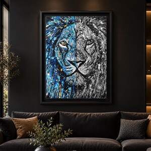 Cuadro del León de Judá con la Cara Dividida, pintura de dualidad azul y blanco y negro, orgullo tribal judío, regalo judío para inauguración de casa