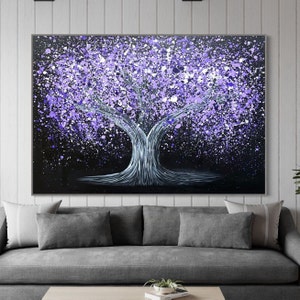 PURPLE TREE Of Life With Black Background CANVAS Print Art – Ready To Hang Happiness Relaxing Wall Art In Multiple Sizes