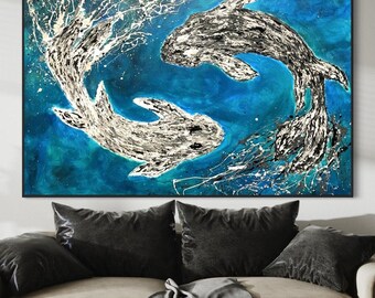 Limited Edition Koi Fish Print, Abstract Ocean Wall Art, Modern Japanese Decor, Blue Zen Painting, Coastal Home Artwork Gift