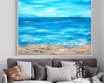 Abstract Ocean Canvas Wall Art – Blue Seascape Painting with Beach Horizon – Coastal Modern Home Decor Ready to Hang