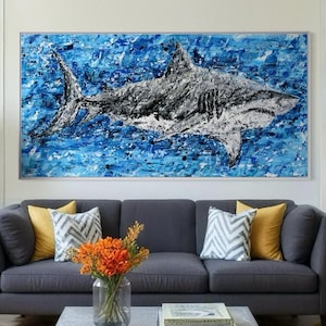 Shark in the Ocean Canvas – Bold Marine Wall Art, Abstract Shark Painting, Colorful Sea Life Decor, Gift for Ocean Lovers, Albert Levi Art