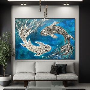 Abstract YIN Yang FISHES Acrylic Print PAINTING On Canvas For Yin Yang Lovers –Wall Décor Fishes Art - Ready To Hang Print On Canvas