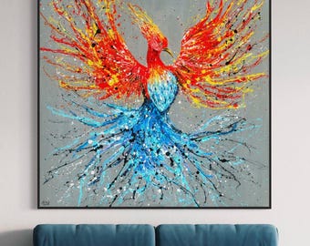 オリジナルのハンドメイドフェニックス絵画、神話の火の鳥の抽象画