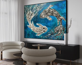 Koi Fish Canvas Art, Yin Yang Harmony, Original Hand-Painted Home Decor, Abstract Fish Wall Art, Art Lover Gift