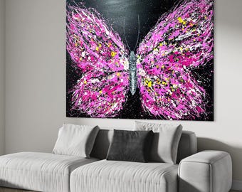 Pink Butterfly Painting, Limited Edition Abstract Canvas Art, Modern Butterfly Decor, Transformation Art, Feminine Symbol, Empowerment Gift