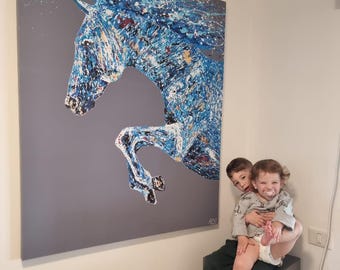 青い馬のキャンバス壁アート、抽象的な馬の絵画、モダンな乗馬装飾
