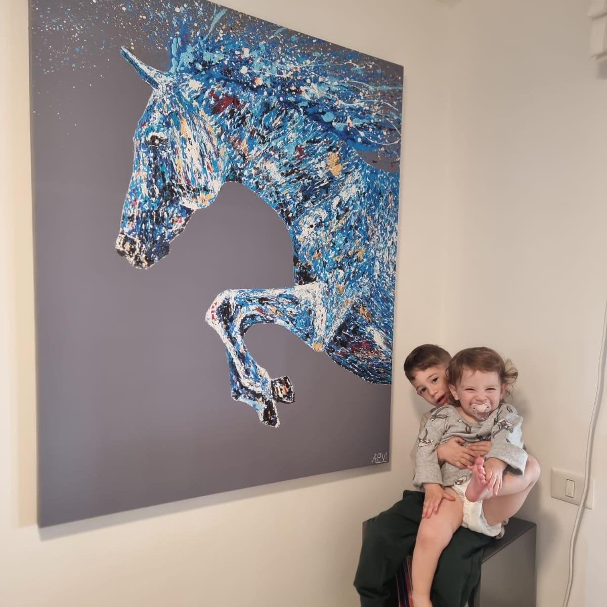 青い馬のキャンバス壁アート、抽象的な馬の絵画、モダンな乗馬装飾