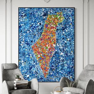 Abstrakte Israel Karte Leinwand, Bunte Splatter Kunst Druck auf Gespannte Leinwand, Jüdisches Wohn Dekor, Moderne Israelische Wand Kunst, Jüdisches Wohngeschenk