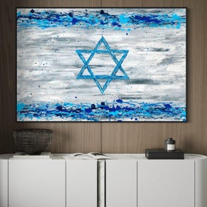 Israeli Flag Wall Art, Modern Jewish Star of David Painting, Abstract Judaica Art, Limited Edition Hand Embellished Art Print, Zionist Decor