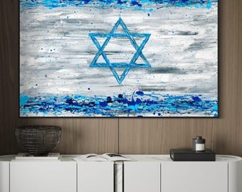 Israeli Flag Wall Art, Modern Jewish Star of David Painting, Abstract Judaica Art, Limited Edition Hand Embellished Art Print, Zionist Decor