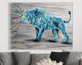青い咆哮するライオンの壁アートキャンバス、ユダの抽象的なライオンの絵画、現代の動物アートワーク、大胆なキングライオンのホームデコレーションアートプリントキャンバス