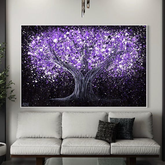Tree of Life Wall Art, Purple Splatter Canvas Painting, Glowing