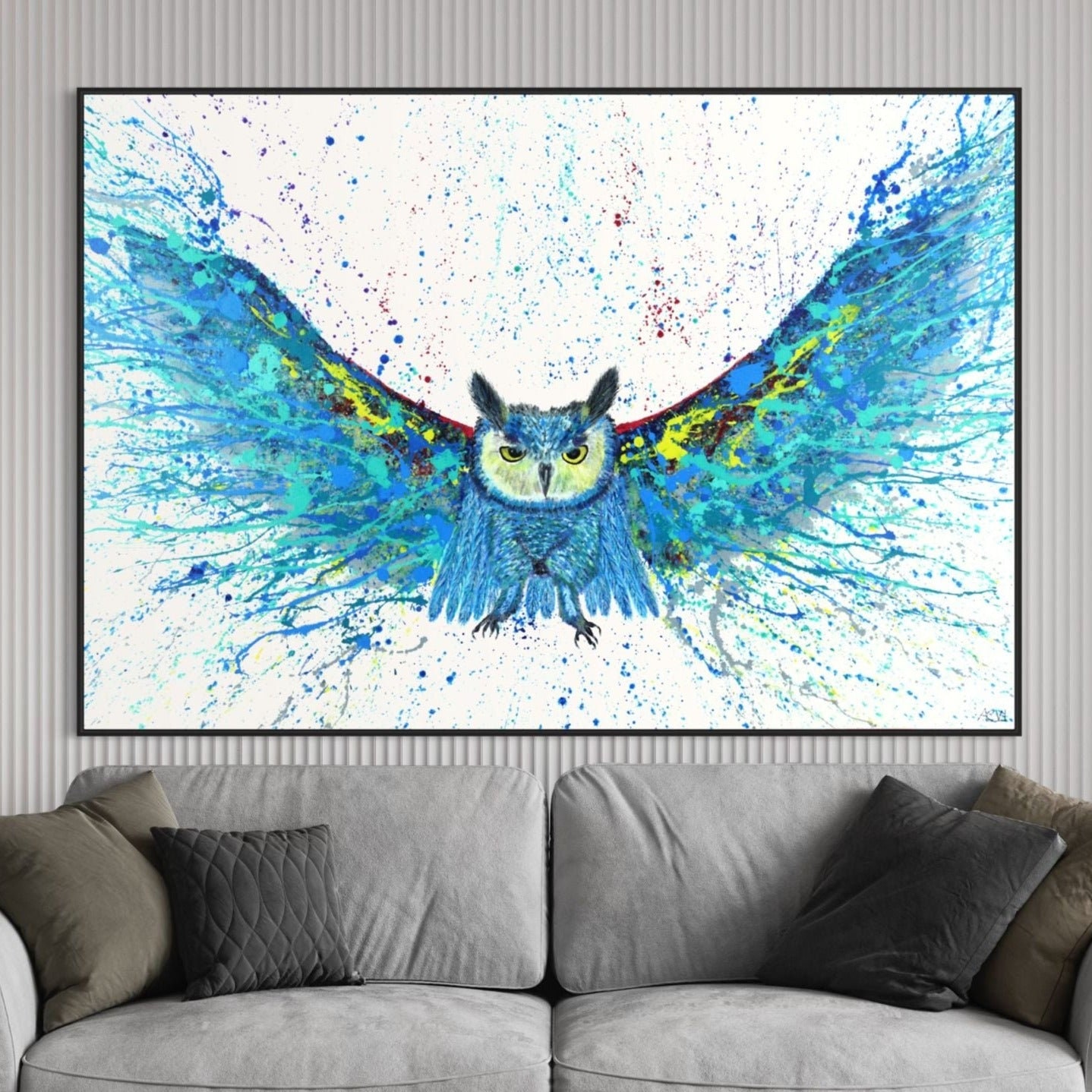 Blue Owl Original Artwork Print on Canvas - Power in Aviation Painting for Bird Lovers Colorful Livi