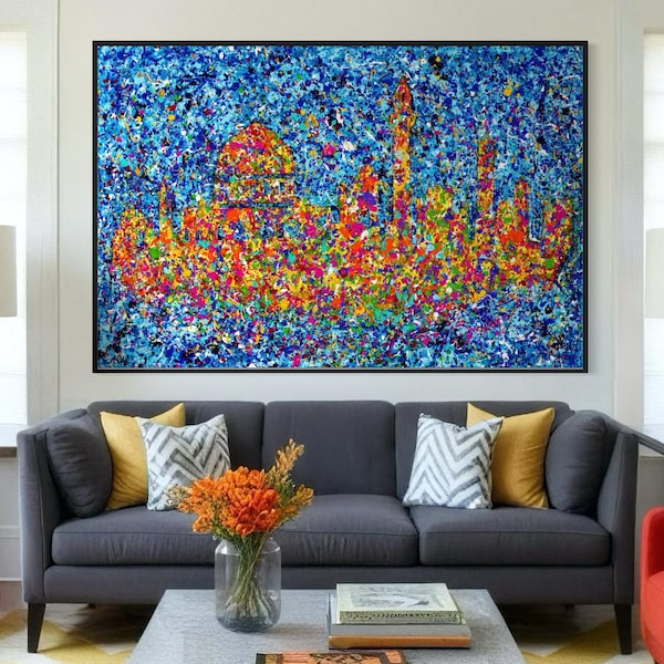 Jerusalem Wall Art Canvas, Blue White Judaica Painting, Holy City Cityscape Print, Western Wall Decor, Jewish Home Gift, Israel Art