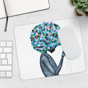 Vibrant Afro Hair Woman Mouse Pad, Original Design, Colorful Flowers Unique Gift