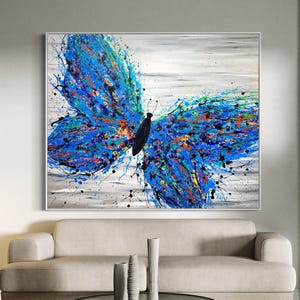 Quadro su tela con farfalla blu, quadro astratto con farfalla, quadro con insetto, dipinto con farfalla a spruzzo, grande stampa con farfalla, decorazione naturale