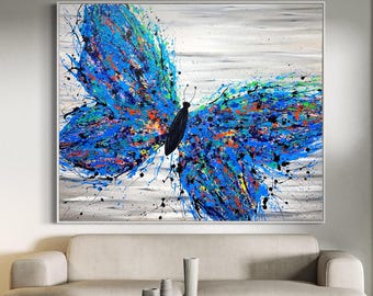 Blue Butterfly Wall Art, Abstract Butterfly Canvas Print, Colorful Insect Painting, Nature Inspired Decor, Modern Splatter Wall Art