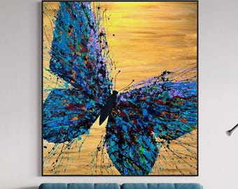 Blue Butterfly Canvas Wall Art, Abstract Butterfly Painting, Acrylic Print On Canvas, Color Splash Butterfly, Modern Nature Room Decor