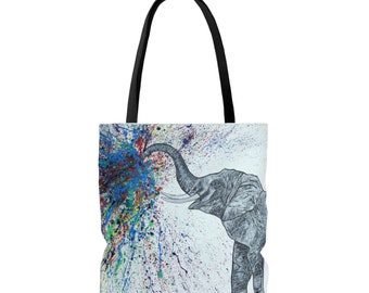 COLORFUL Polyester ELEPHANT TOTE Bag – Unisex Durable Black Handle Canvas Tote Bag