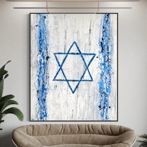 Modern Israel Flag Canvas, Blue And White Abstract Splatter Art, Jewish Wall Decor, Israel Pride Gift, Israeli Flag Wall Art, Zionist Art
