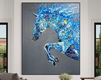 Blue Horse Canvas Wall Art, Abstract Horse Painting, Modern Equestrian Decor, Bold Animal Artwork, Elegant Spiritual Gift by Albert Levi