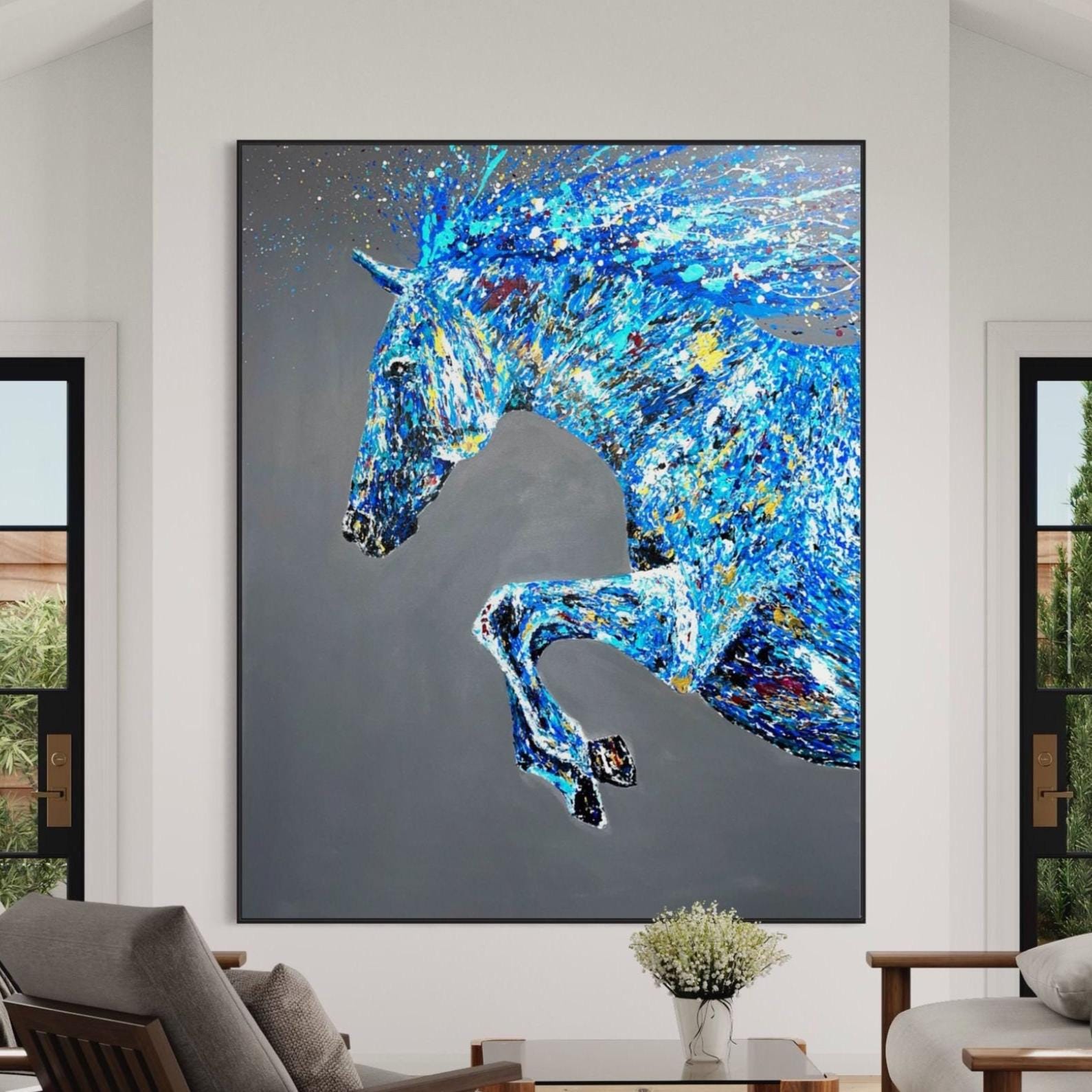 青い馬のキャンバス壁アート、抽象的な馬の絵画、モダンな乗馬装飾
