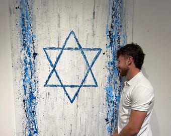 Abstract Israeli Flag Wall Art, Limited Edition Painting, Hand Embellished Israeli Painting For Wall Decor, Holy Land Flag, Jewish Pride Art