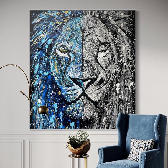 Lion of Judah Wall Art Canvas, Abstract Blue White Lion Painting, Modern Wildlife Decor, Majestic Animal Artwork, Bold Living Room Decor