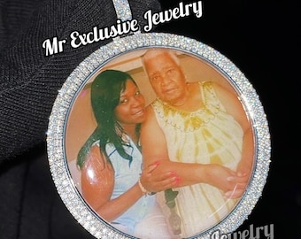 Pingente Premium Cravejado de Diamantes VVS com Foto, Charme Masculino com Moissanita VVS, Pingente Redondo em Ouro 14K, Joia Personalizada Estilo Hip Hop, Presente de Natal.