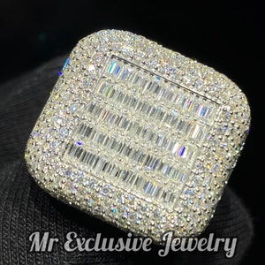 Men&#39;s Iced Out Baguette Moissanite Champion Ring, 14K Gold VVS Moissanite Diamond Rapper Men Birthday Gift Pinky Ring Pass Diamond Tester