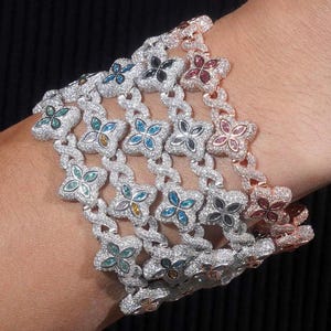 Real VVS Diamond Clover Leaf Bracelet For Unisex, Fully Iced Out Infinity Link Hip Hop Bracelet, 925 Silver CZ Color Stone Bracelet For Mom