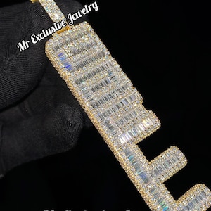 Pingente de letra em camadas de moissanita VVS1 com corte esmeralda "GBELL", pingente robusto com gelo, pingente de letra personalizada em prata 925, presente de Natal