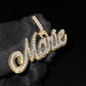 Iced out Hip Hop Moissanite Diamond Cursive Personalized Name Necklace Gift For Her, 925 Silver VVS Moissanite Charm Necklace Passes Tester