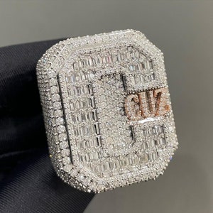 14K White Gold Champion Ring, Full Ice out Baguette Diamond Ring, Real VVS Moissanite Diamond Ring For Men, Custom Bustdown Hip Hop Ring