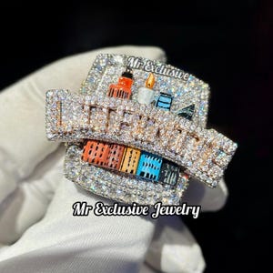 Anillo de rapero de moissanita personalizado de hip hop con inicial de diamante VVS para hombre, con nombre y letra, personalizable, ideal como regalo de campeonato.